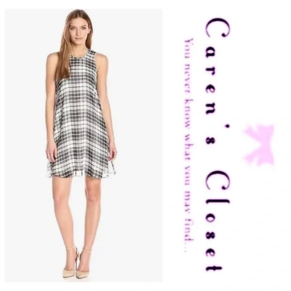 Calvin Klein Black White Plaid Chiffon Trapeze Sleeveless Dress